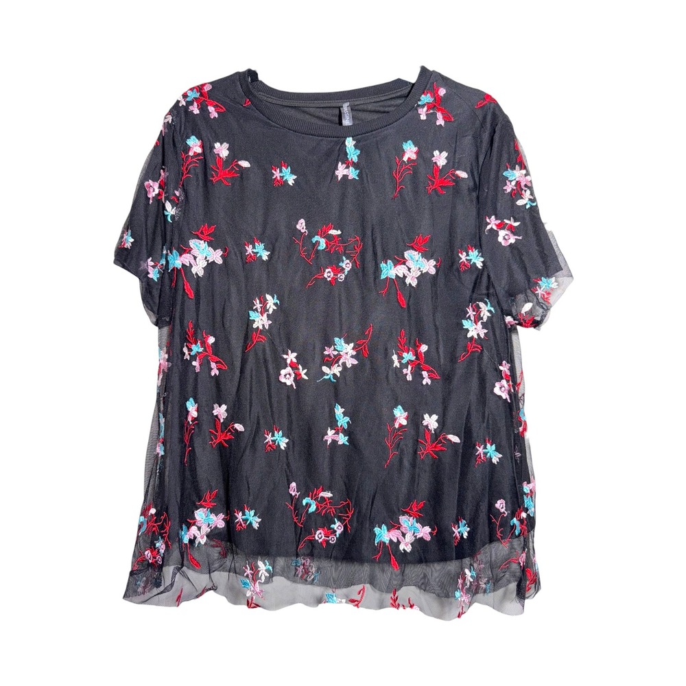 Massini‎ Stacy London Womens XL Black Floral Embroidered Mesh Hi-Lo Tee New
